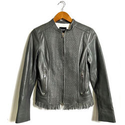 LAMARQUE Black Charcoal Grey Fringe Basket Weave Moto Soft Leather Jacket